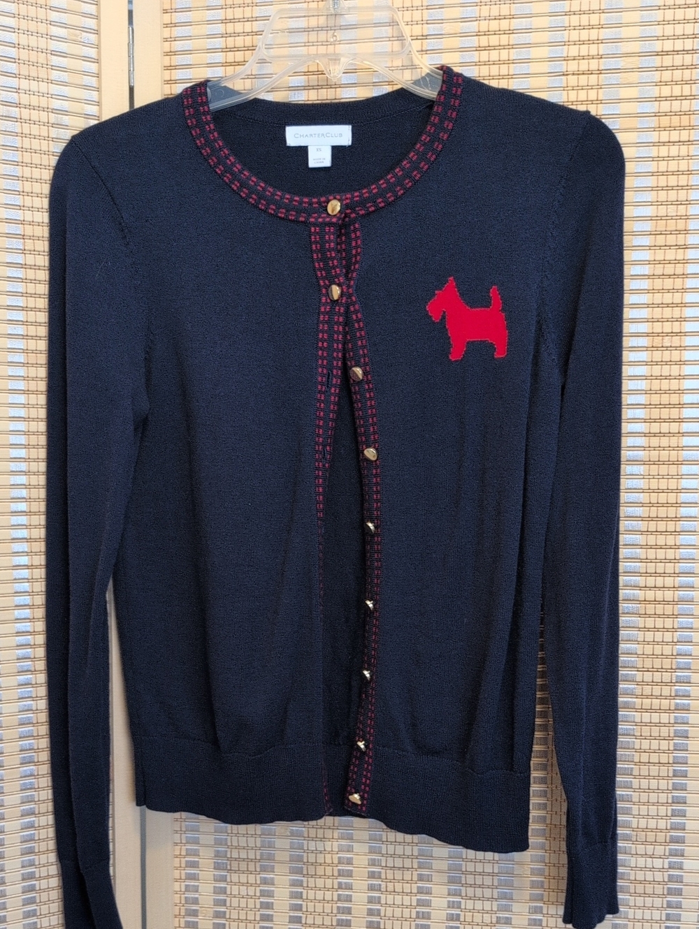 Charter Club Navy Cardigan with Red Scottie Accent